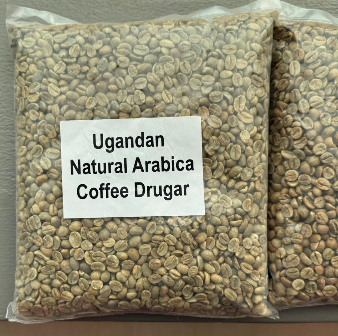 Sample bags of Ugandan natural Arabica Drugar green coffee